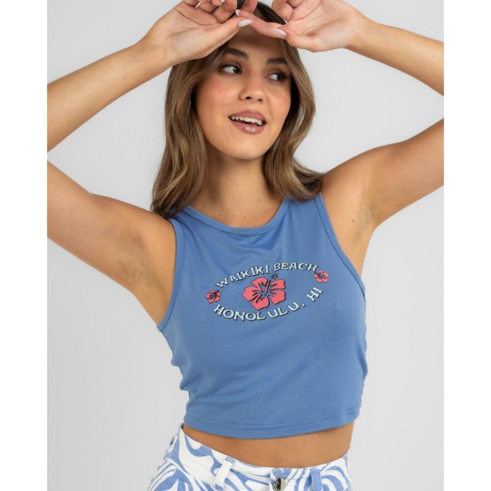 SHEIN Waikiki Beach Honolulu HI Graphic Crop Tank Top Blue Size S EUC
